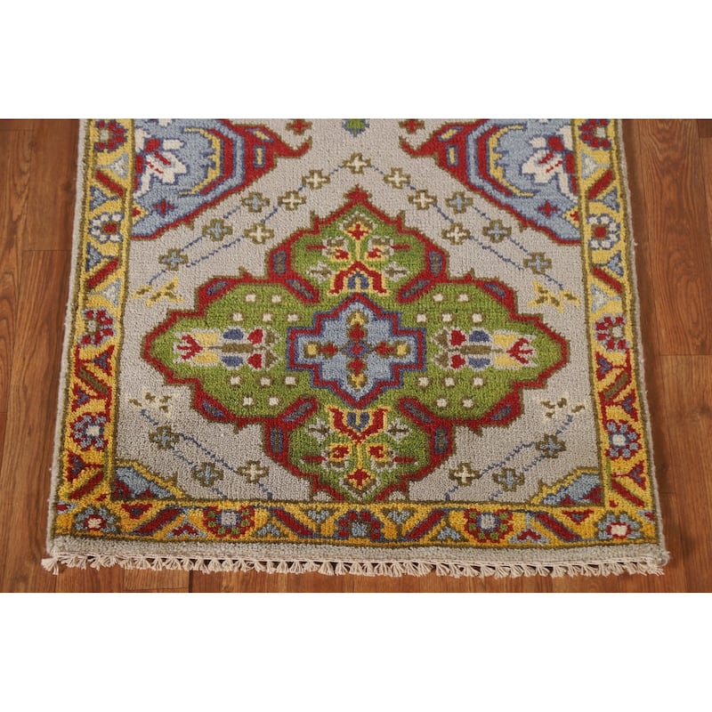 Geometric Beige Kazak Oriental Rug Hand-Knotted Wool Carpet - 2'7"x 6'1"