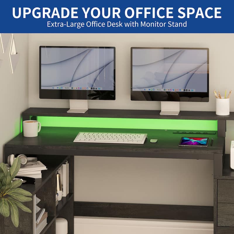 Moasis 65" Computer Desk with Filing Cabinet and Storage Shelves, LED Lighting Corner Home Office Desk