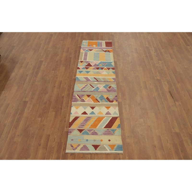 Hand Woven Oriental 100% Wool Carpet Southwestern Geometric Multi-Colored Kilim Runner Rug - 8' 2'' X 2' 0''