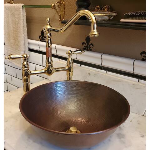 SimplyCopper 14" Round Hand Hammered Copper Vessel Bathroom Sink in Aged Copper - 14" X 5.5"