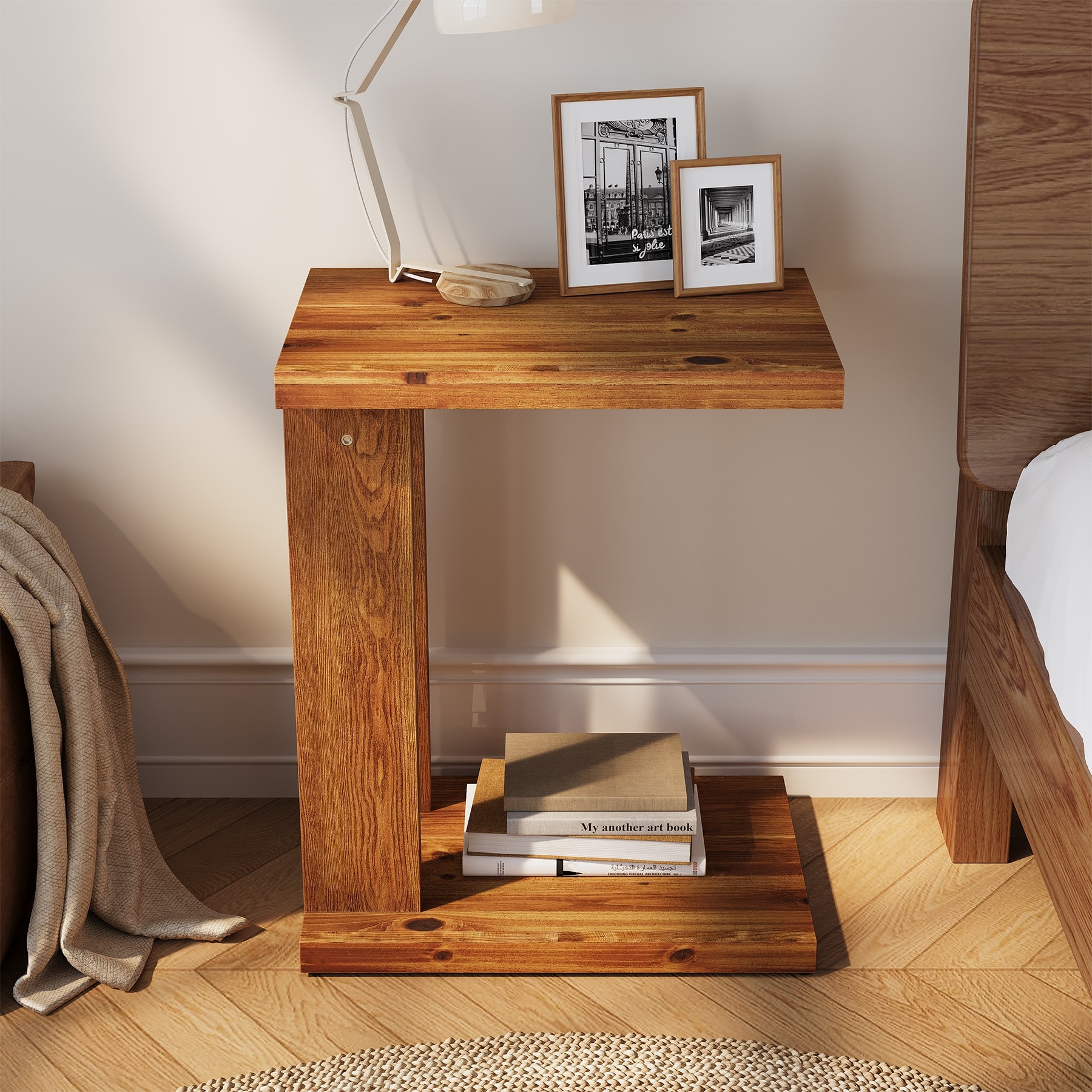 Solid Wood Narrow C-shaped End/Side Table for Couch - 13.8