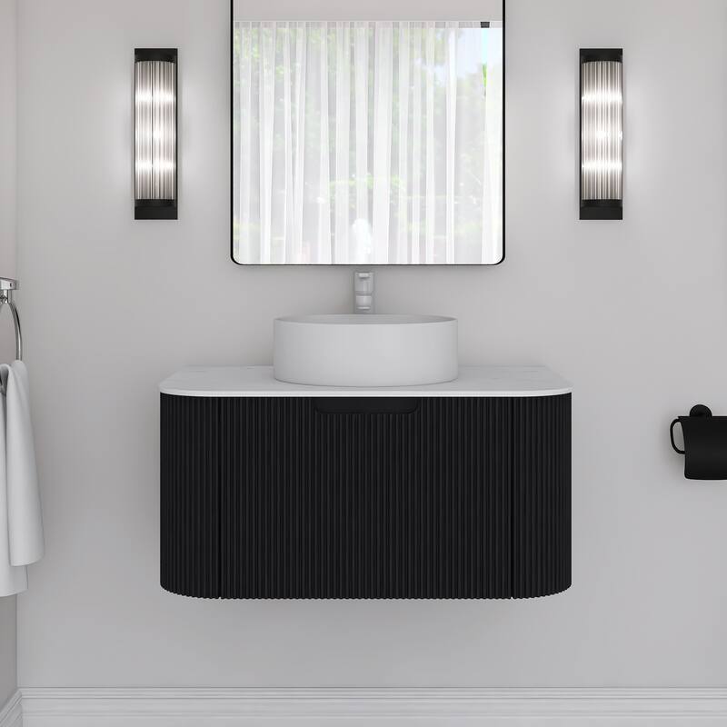 Plywood Wall-Mounted Bathroom Vanity Set with Integrated Ceramic Sink in Natural Wood - 29.92" x 18.9" x 19.29" - Black