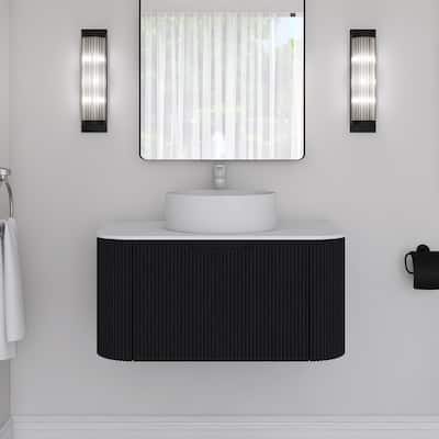 Plywood Wall-Mounted Bathroom Vanity Set with Integrated Ceramic Sink in Natural Wood