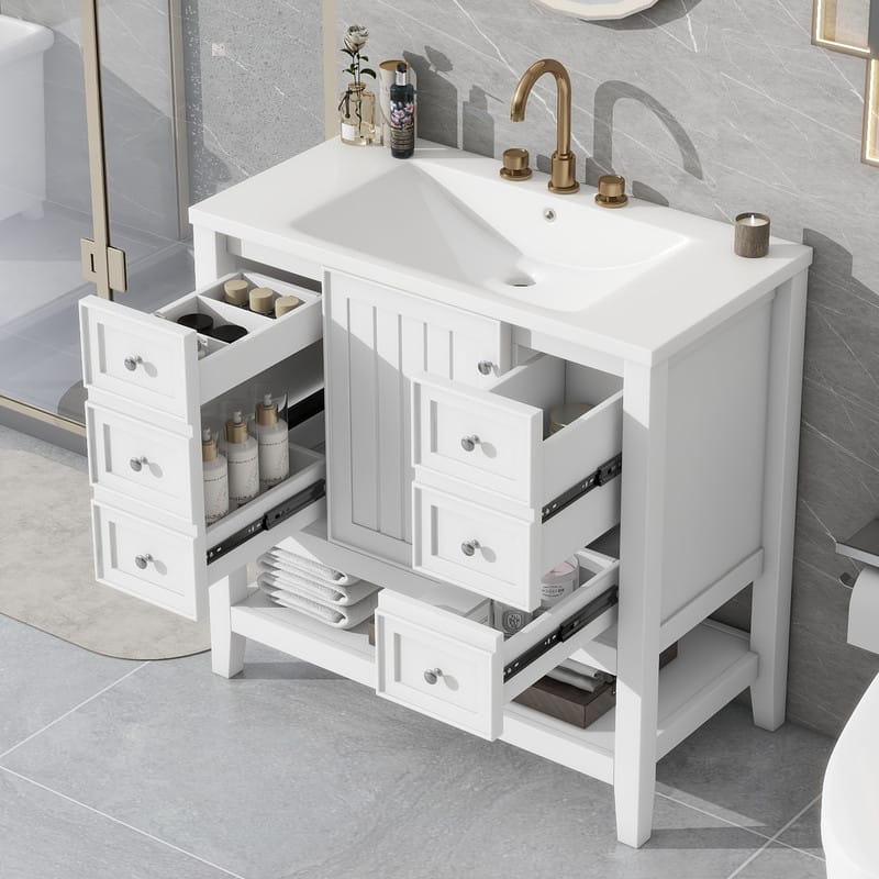 36" Bathroom Vanity with Ceramic Sink, One Cabinet and Three Drawers - White
