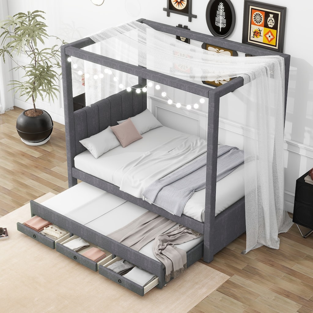 Nestfair Twin Size Upholstery Canopy Platform Bed with Trundle and Three Storage Drawers