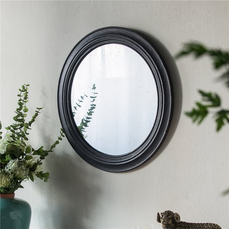 Circle Wall Mirror w/Wooden Black Frame, Antique Classic Accent Mirror