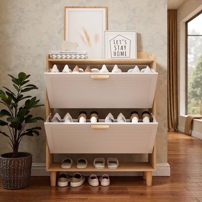 31.5 Inch Nordic Shoe Cabinet with 2 Flip Drawers, Narrow Freestanding Shoe Storage Organizer with Wood Legs