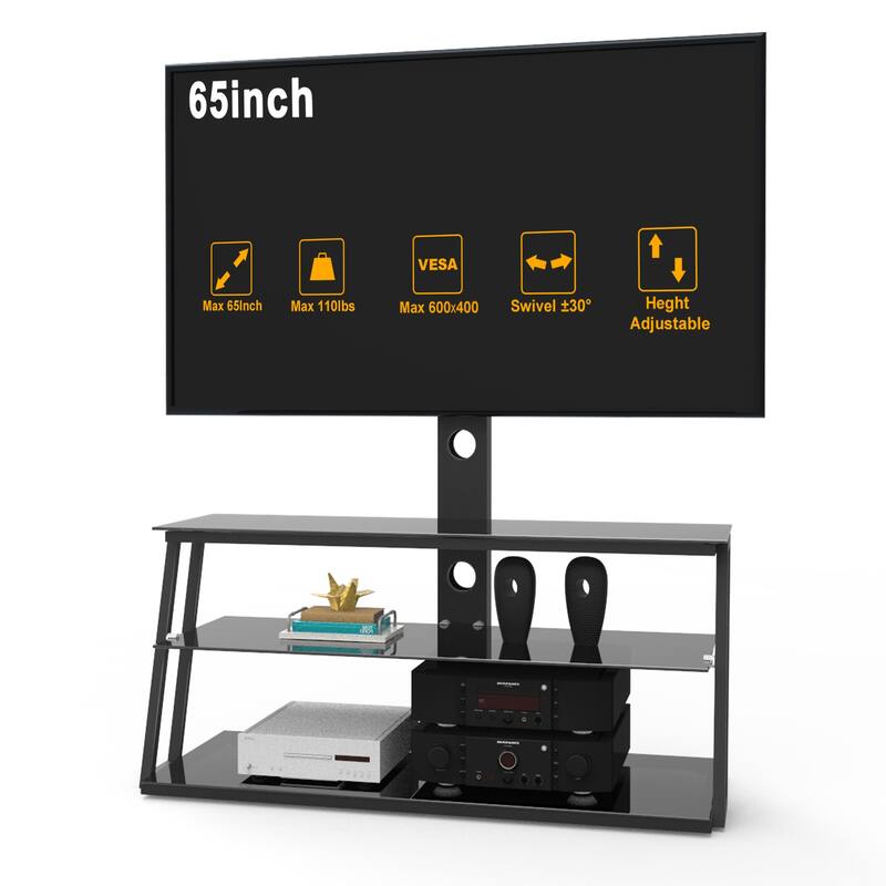 Black 41.3" Height Adjustable TV Stand with 3-Tier Shelves for 32-65 Inch TVs