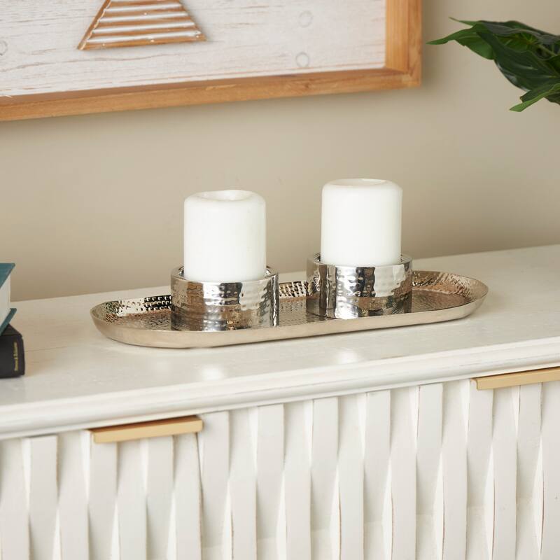 Gold or Silver Stainless Steel Metal Hammered Candle Holder with Oval Tray Plate - Silver
