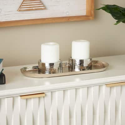 Gold or Silver Stainless Steel Metal Hammered Candle Holder with Oval Tray Plate