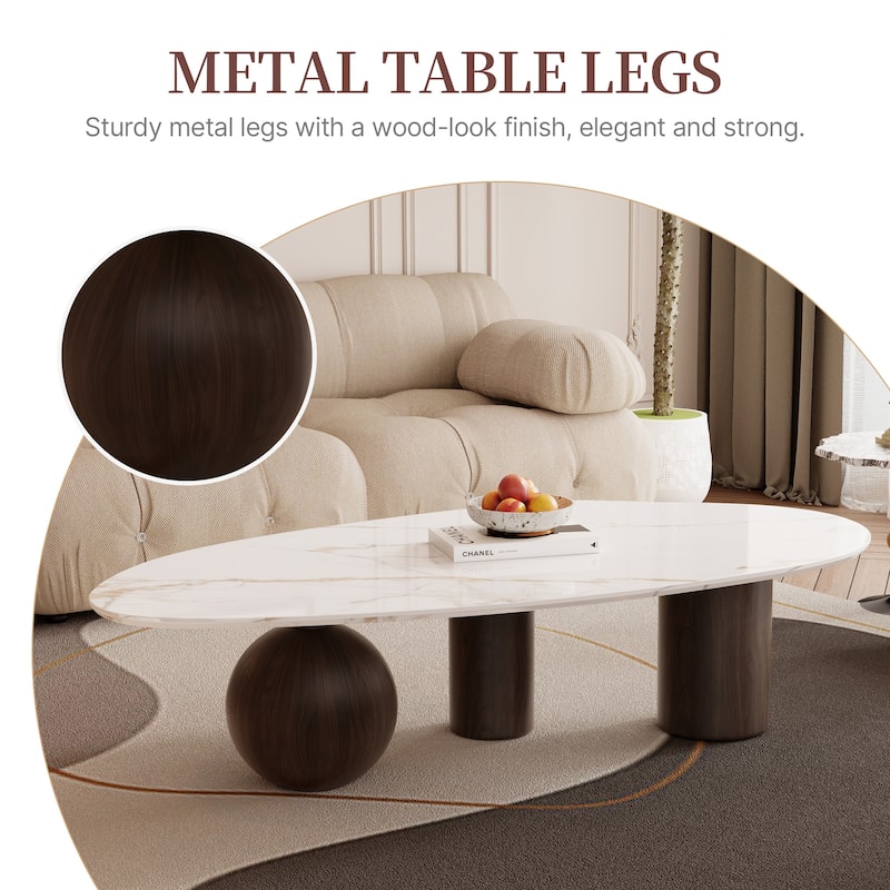 54" Modern Coffee Table, Whitet Glossy Sintered Stone Table-top, 3 Steel legs with wood texture