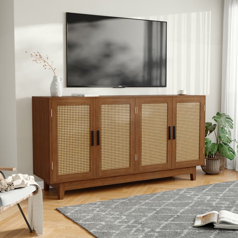 Modern 4 Door Wood Rattan Buffet Sideboard Storage Cabinet - Walnut