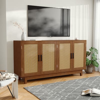 Modern 4 Door Wood Rattan Buffet Sideboard Storage Cabinet