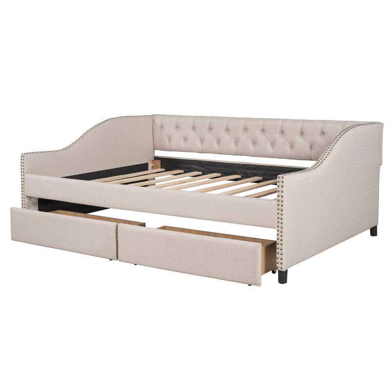 Full Size Upholstered Daybed with Two Drawers, Solid Wood Full Size Sofa Bed Frame with Button Tufted and Nailtrim on Arms
