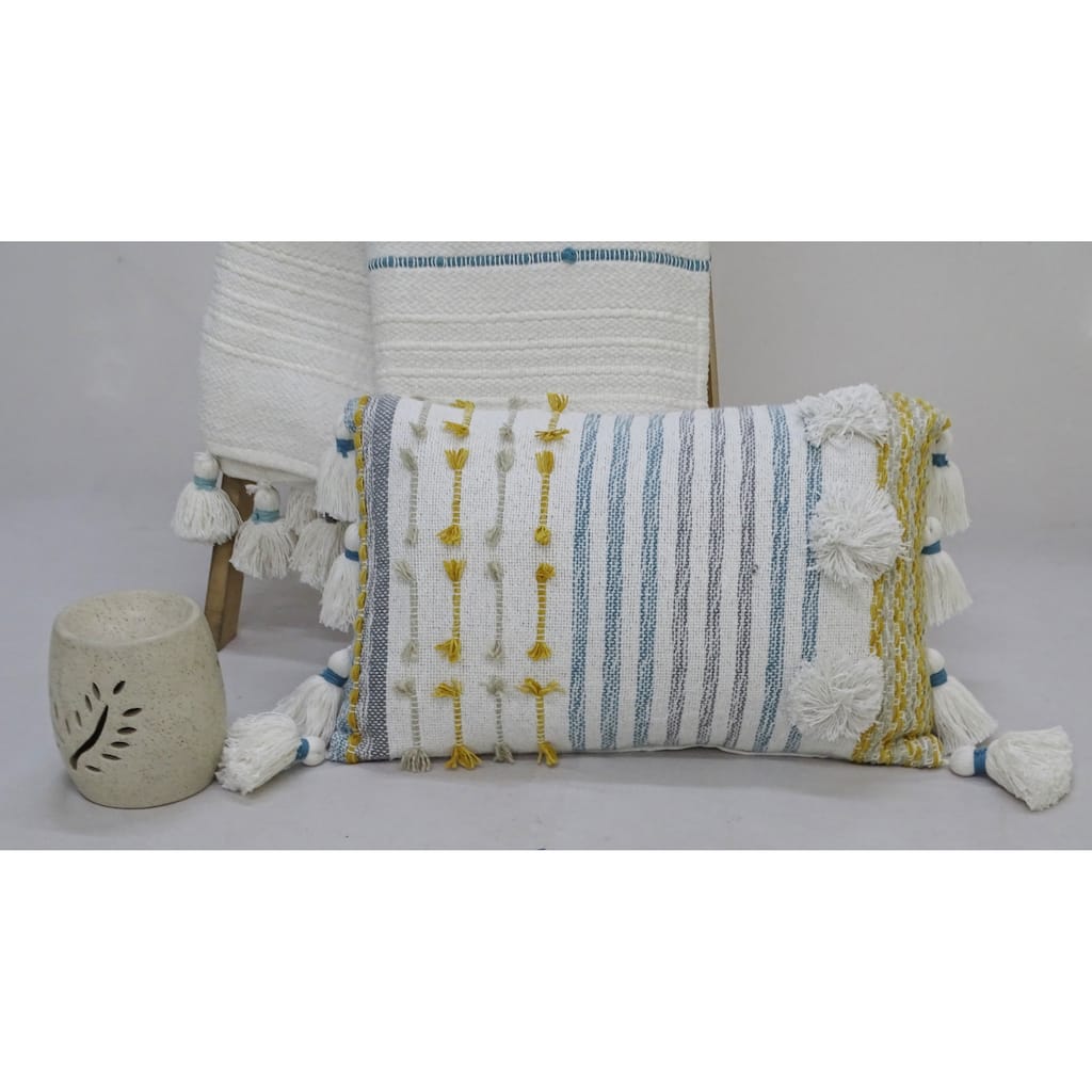 Vibhsa Designer Striped Pillow with Large Poms and Tassels 14"x20"