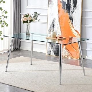 63 Inch Rectangular Tempered Glass Dining Table with 4 Black Metal Legs ...