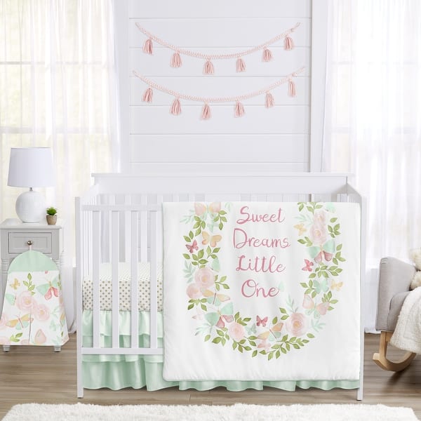 slide 2 of 6, Sweet Jojo Designs Blush Pink, Mint and White Shabby Chic Butterfly Floral Collection Girl 4-piece Crib Bedding Set