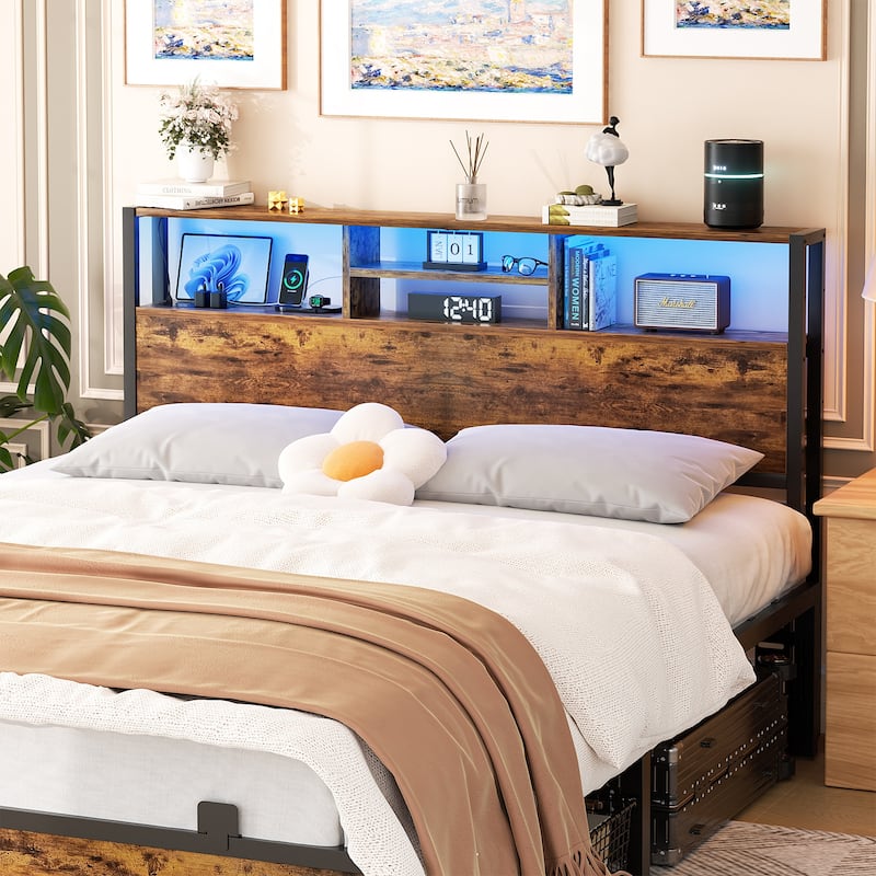 Headboard with Storage and Charge Station, Platform Bed Heaboard with LED Lights