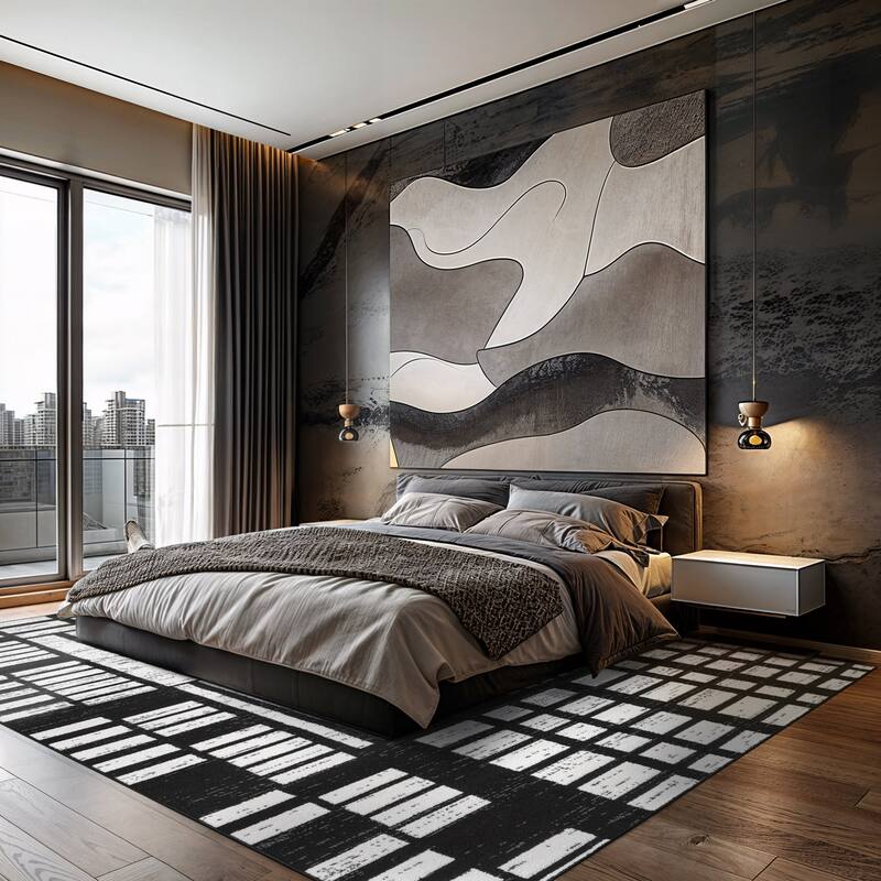 Black Ivory Geometric Blocks Stylish and Durable Area Rug