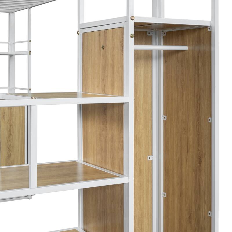 Full Size Metal Loft Bed with Storage Staircase, Wardrobe, Shelves, and Lockers in White