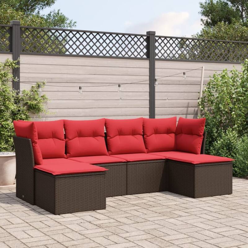 vidaXL 6/7 Piece Patio Sofa Set with Cushions Black/Brown/Gray Poly Rattan - Brown and red Without table