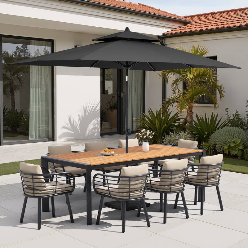 9/11-Piece Outdoor Patio Dining Set w/10 ft Umbrella and Base Aluminum Dining Table and Dining Chairs with Sunbrella Cushions