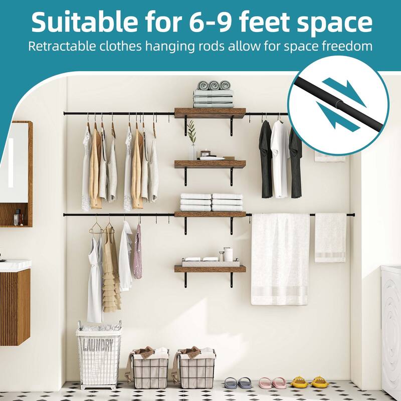 Wall-Mounted Clothing Storage Rack Multi-Functional Closet Organizer System with Adjustable Rods and Shelves
