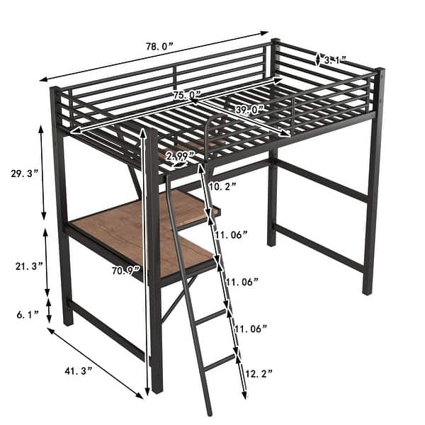 Modern Twin Size Metal&MDF Loft Kids Bed with Built-in Desk and Shelf