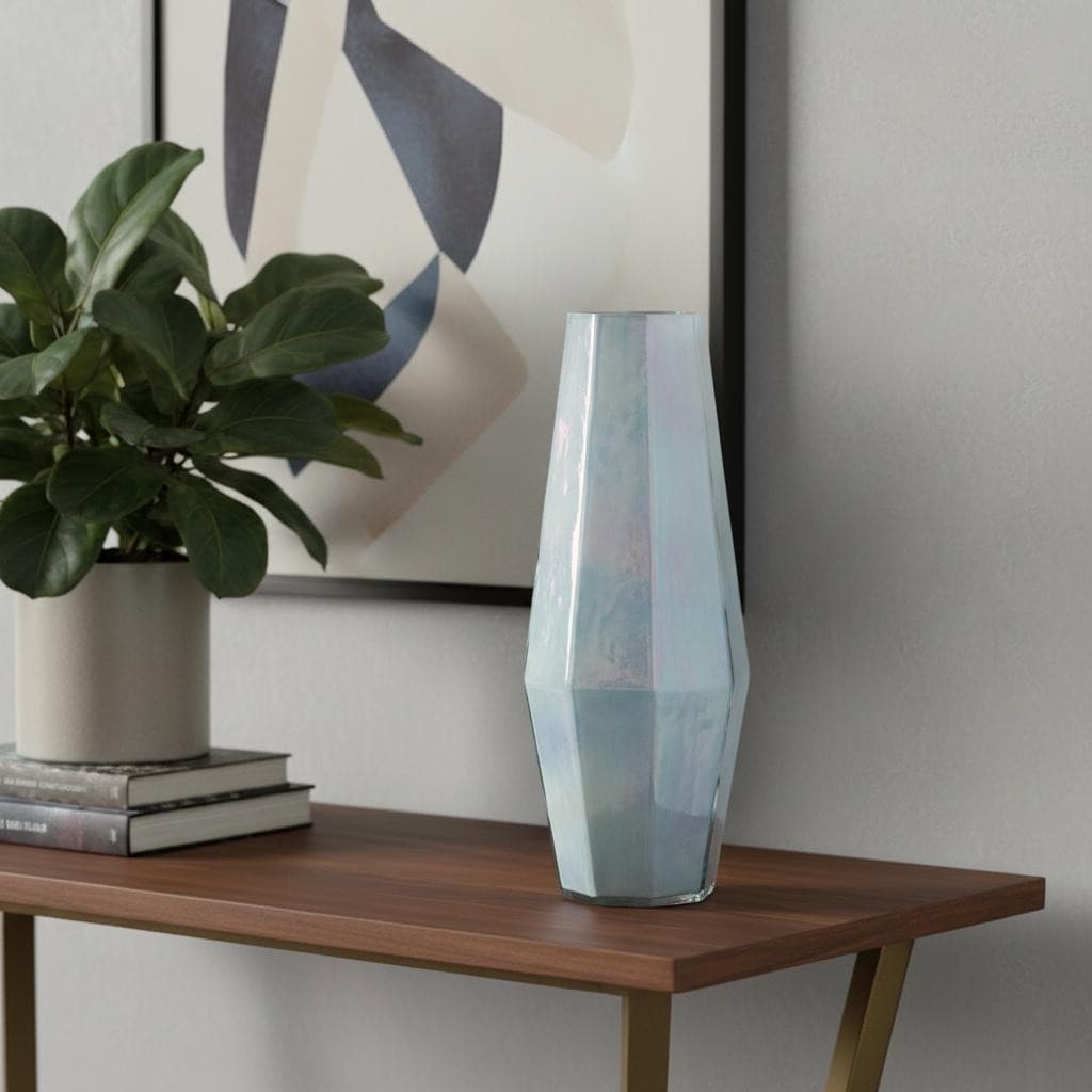 20" Blue And Opal Glass Cylinder Table Vase - 7.00