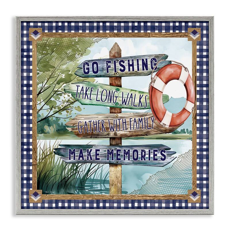 Stupell Plaid Border Lake Sign Framed Giclee Art Design By Nicole DeCamp - 24 x 24 - Grey