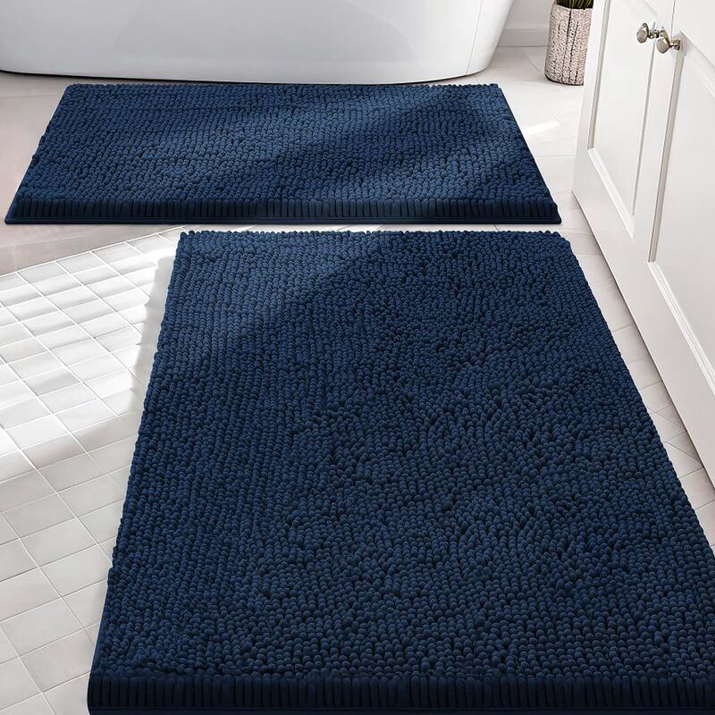 Large 2 Piece Set Navy Soft Cozy Plush Chenille Bath Mat Bathroom Rug - Navy - 30"x20"R+24"x16"R