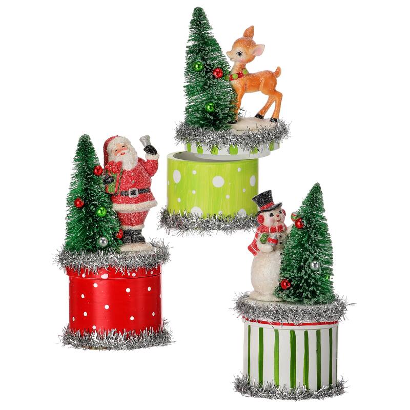 5.5" Resin Box With Tree Snowman, Santa, and Deer Set of 3