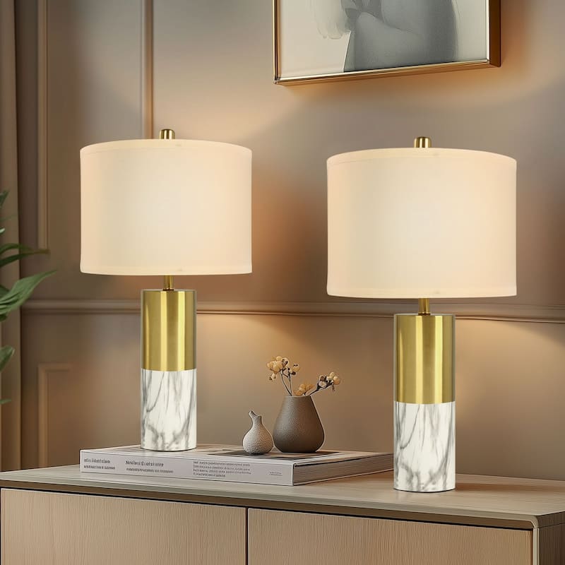 Marble Metal Table Lamp With Linen Shade Set of 2 - White