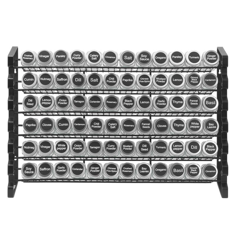 Black Steel Spice Rack with Glass Jars and Wall Mount Option