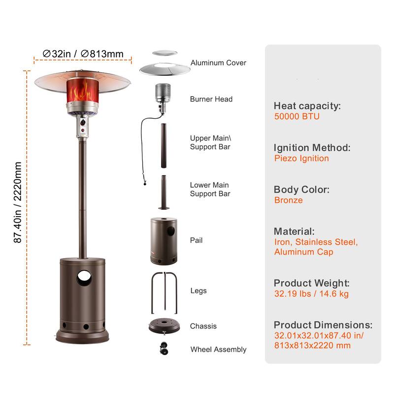 Stainless Steel Glass Flame Propane Heater with Wheels & 50,000 BTU - 32.01x32.01x87.40 in