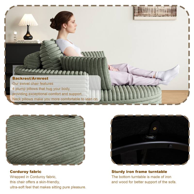 Oversized Swivel Accent Chair, Corduroy Round Lounge Sofa Chair, Upholstered Reading Armchair with Back Cushion & 2 Pillows