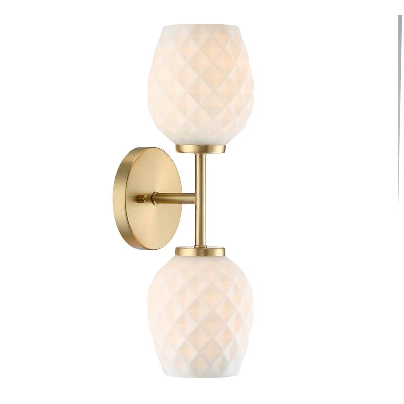 Dita 17 in. 2-Light Brushed Gold Wall Sconce with Etched Opal Glass Shades