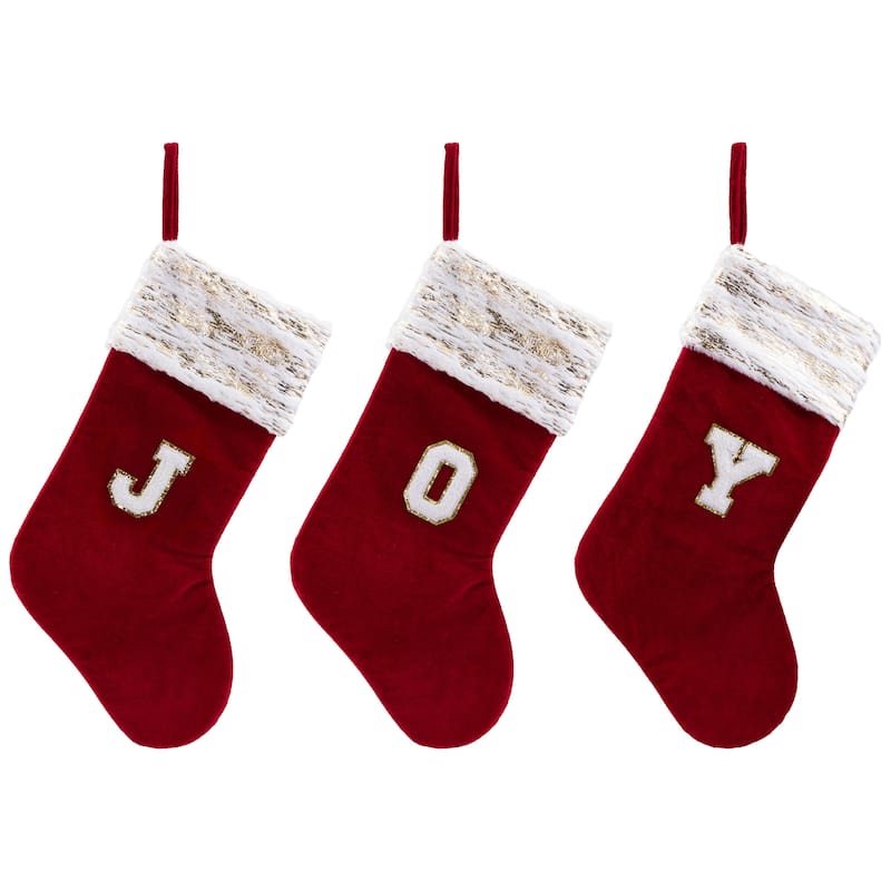 Velvet JOY Christmas Stockings - 20"- Red - Set of 3