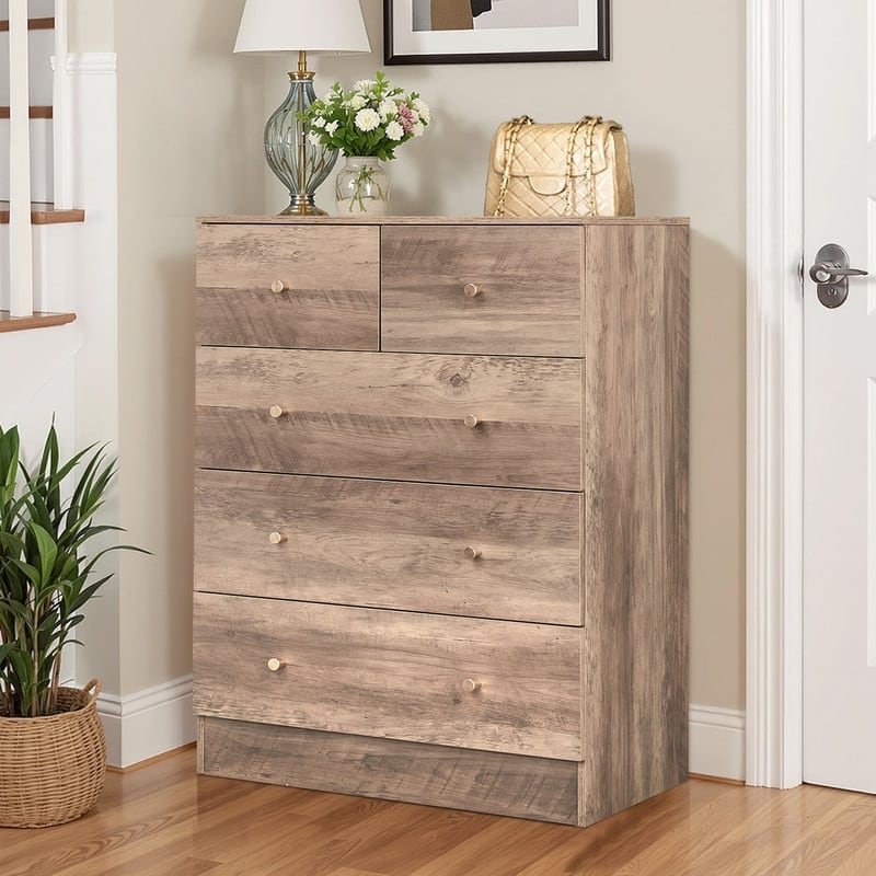 5-Drawer Dresser For Bedroom And Chest Of Drawers With Sturdy Construction Wood Storage Organizer For Closet