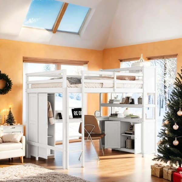 slide 2 of 14, Wood Loft Bed with Cabinet and Bookshelf, Full Size Loft with Wardrobe and Desk for Kids, White
