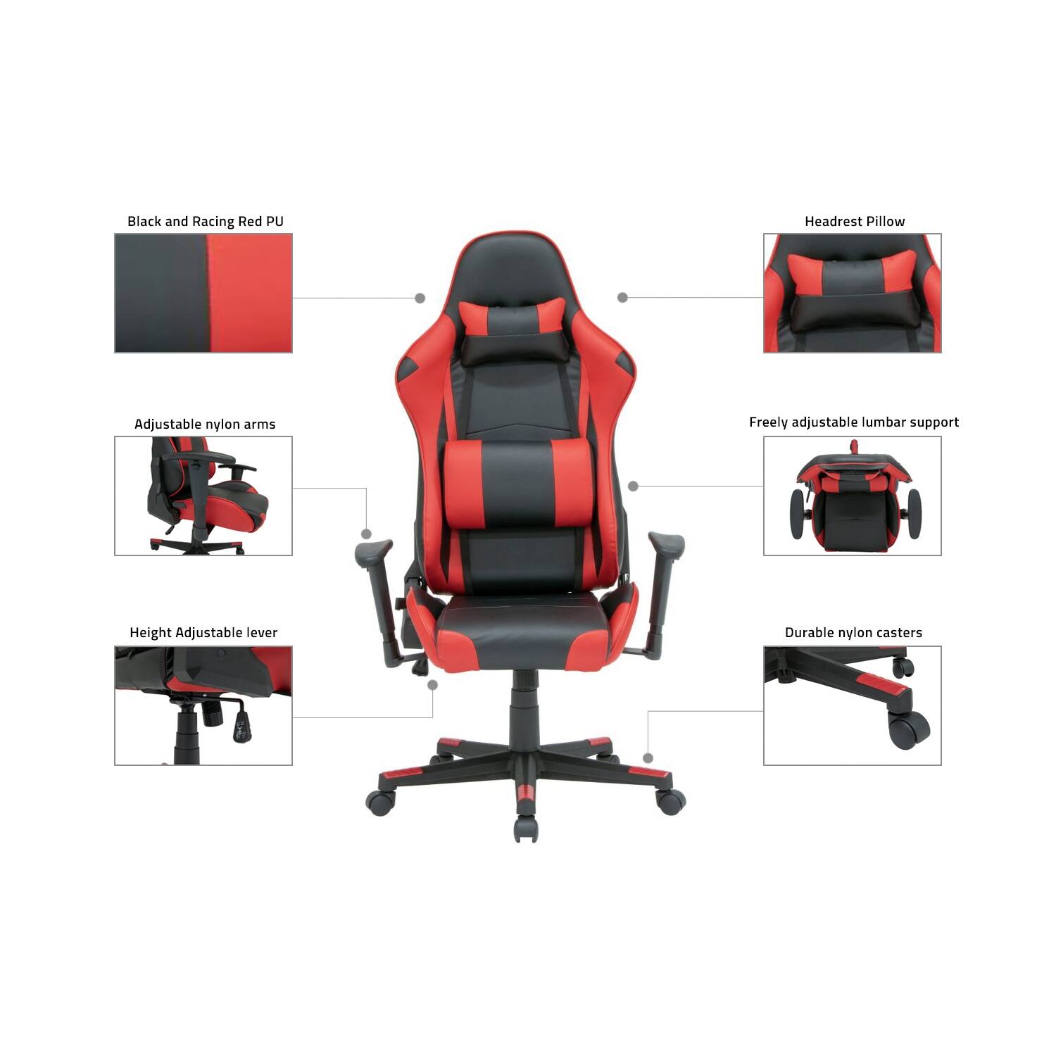 Offex High Back Height And Tilt Adjustable Gamer Office Chair With Removable Lumbar And Headrest Pillow Black And Racing Red Pu Overstock 29139342