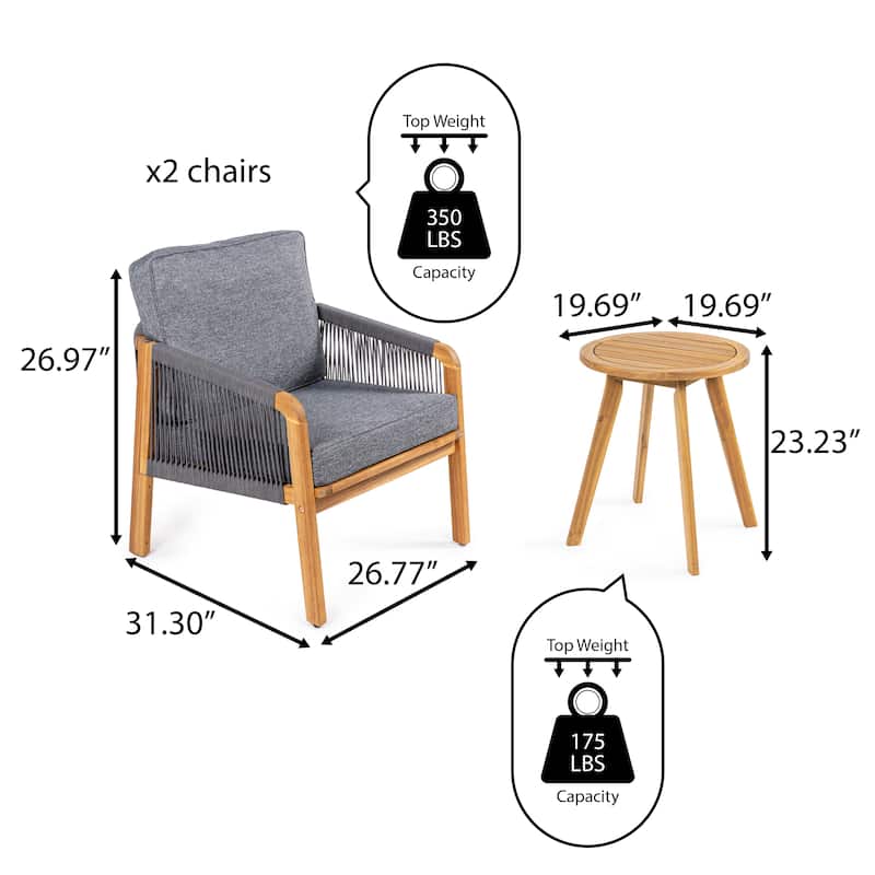 Porto 3-Piece Modern Bohemian Roped Acacia Wood Conversation Outdoor Patio Set with Cushions, by JONATHAN Y