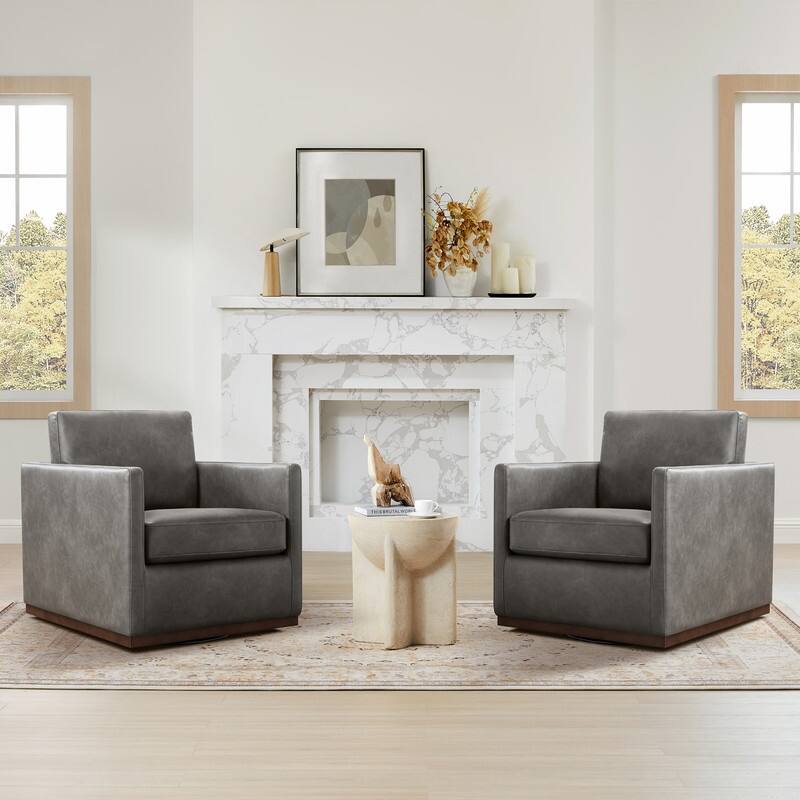 Spruce & Spring Modern Swivel Accent Chair with Wooden Base - Set of 2 - Dark Grey-Faux Leather