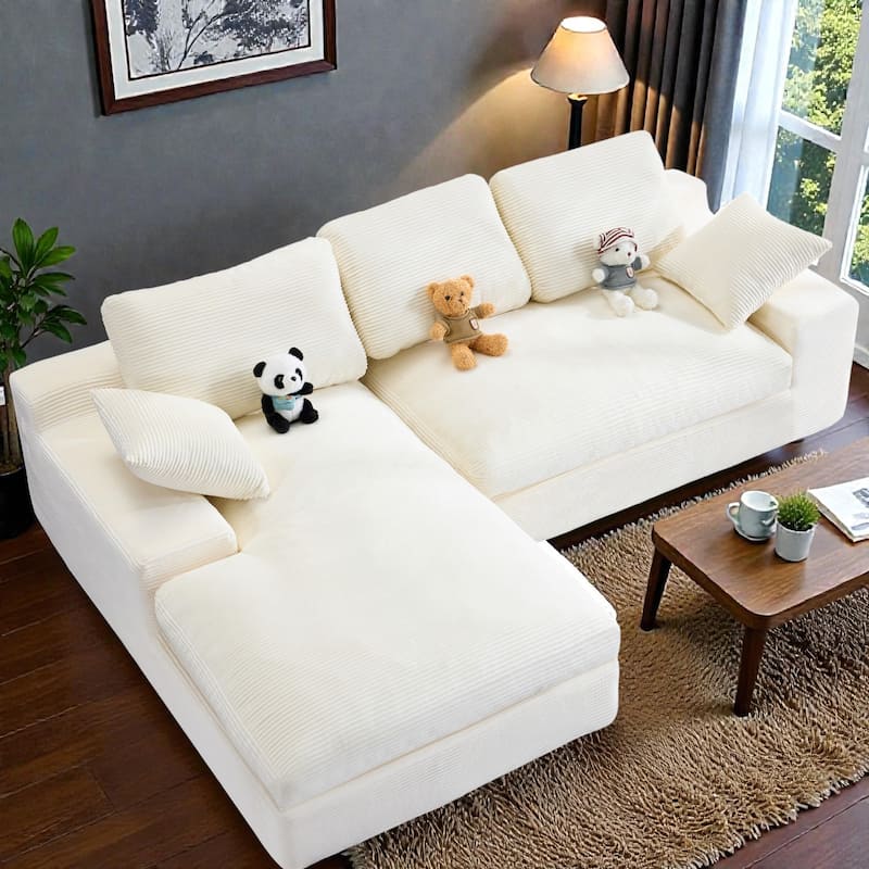 Corduroy Compressed Sofa Couch with 3 Back Cushions and 2 Throw Pillows, Soft Cloud Sofa for Living Room