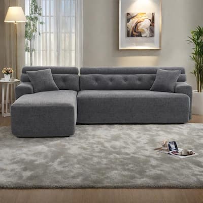 105" Wood Grain Chenille 3-Seater Sectional Sofa with Chaise Lounge and 2 Pillows