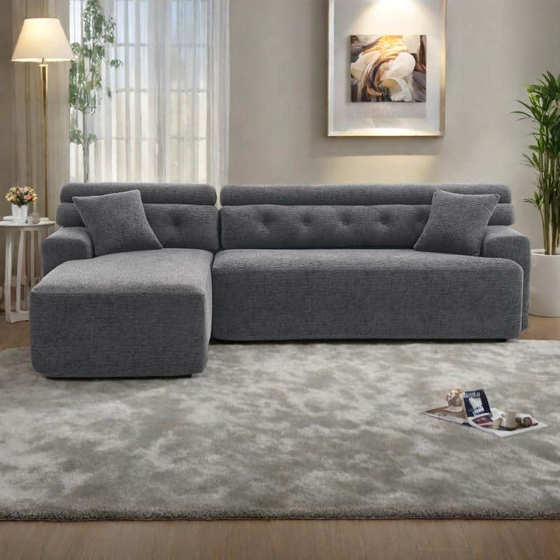 105" Wood Grain Chenille 3-Seater Sectional Sofa with Chaise Lounge and 2 Pillows