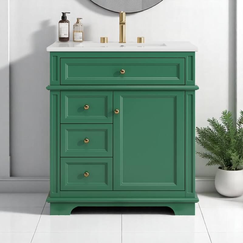30 Inch Freestanding Vanity with Ceramic Sink, 1 Door, 4 Drawers, Door Shelf, Painted Wood Cabinet - Green