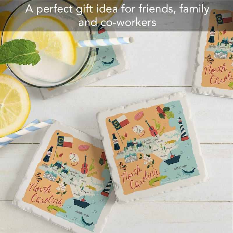 North Carolina Home 4-Pack Absorbent Stone Coasters with Protective Cork Backing 4" Square Made in The USA Easily Wipes Clean