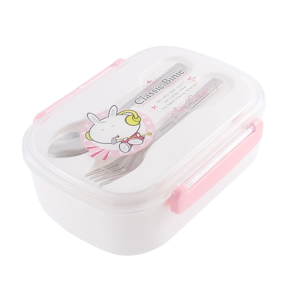 Unique Bargains Plastic Rectangle Shaped Dual Sections Lunch Box White Pink w Spoon Fork