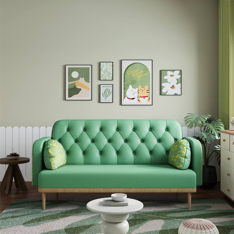 Modern Upholstered PU Sofa with 2 Dumpling-shaped Throw Pillows